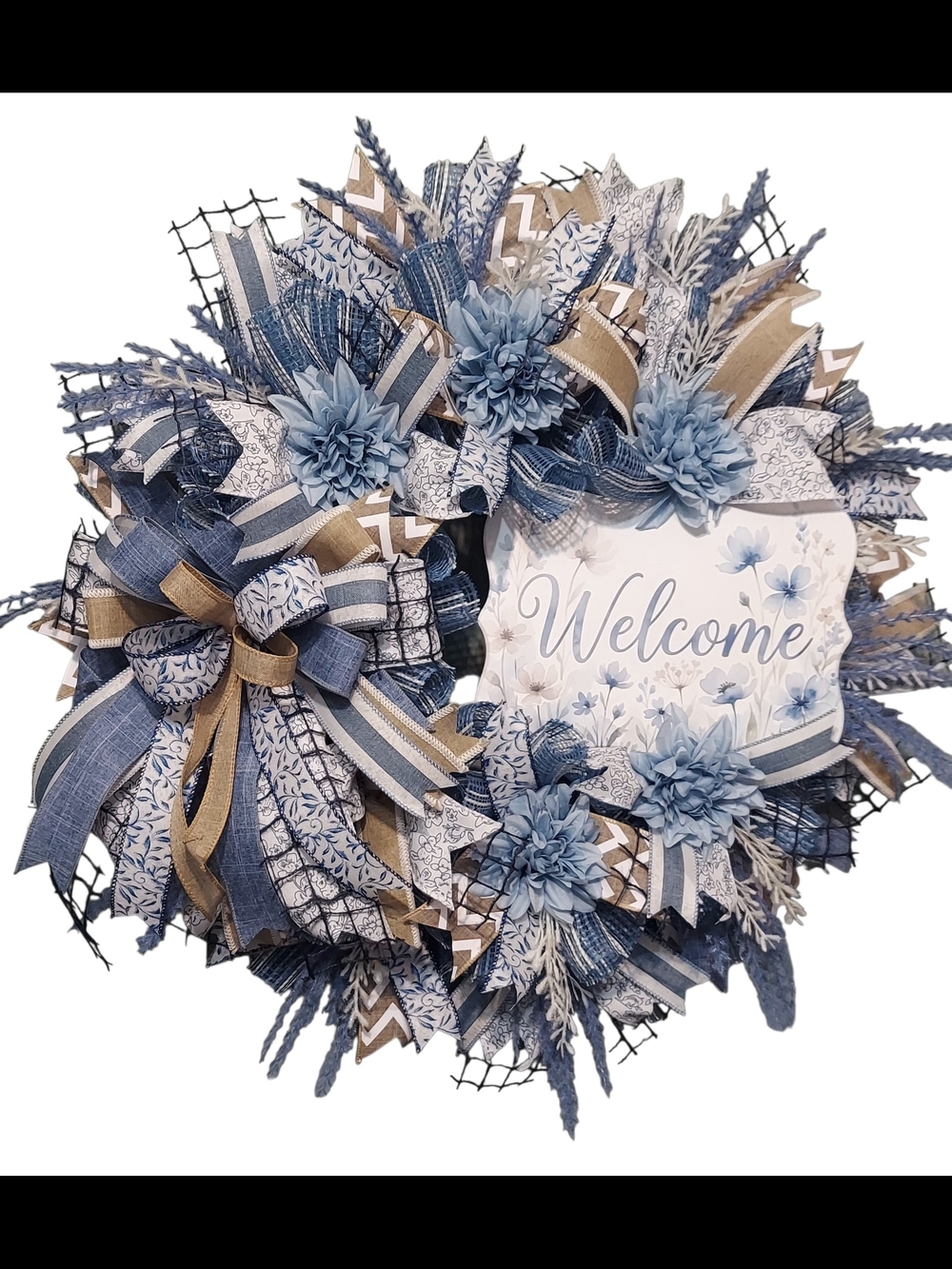 Hand Crafted Blue and Tan 'Welcome' Floral Ribbon Wreath